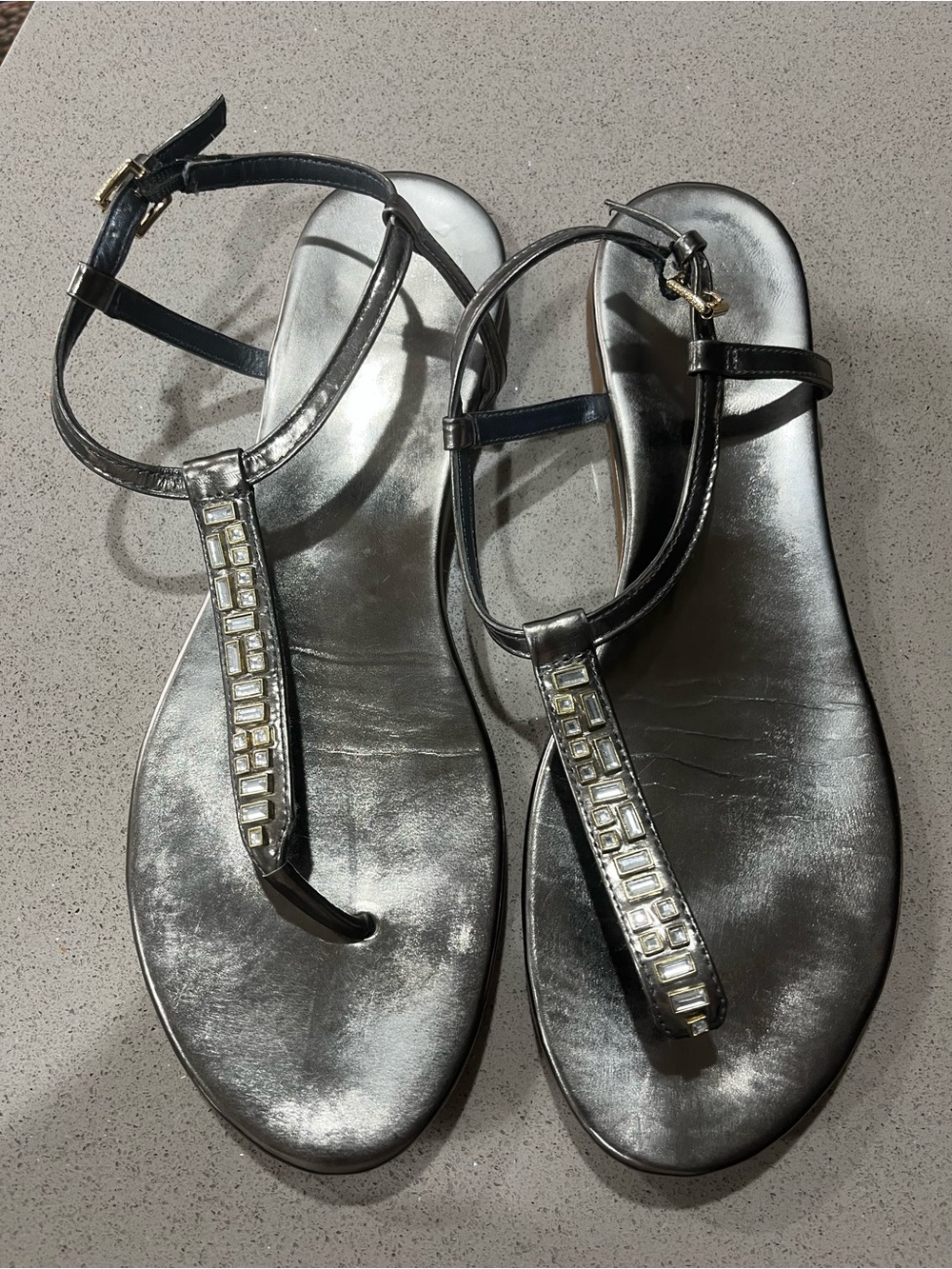 Cole Haan Metallic Silver/Pewter T-Strap Sandals with Crystal Accents